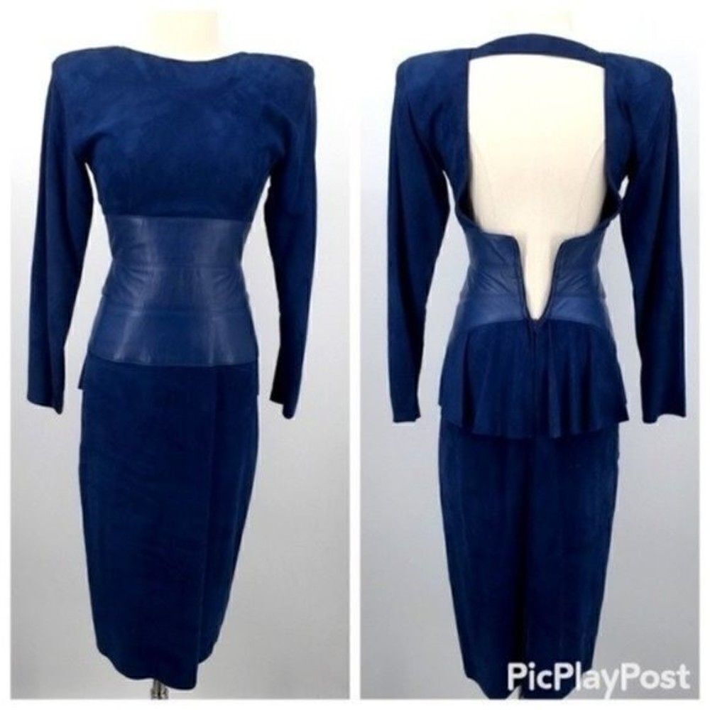 vakko Vintage Blue Midi Dress genuine suede and leather with shoulder pads